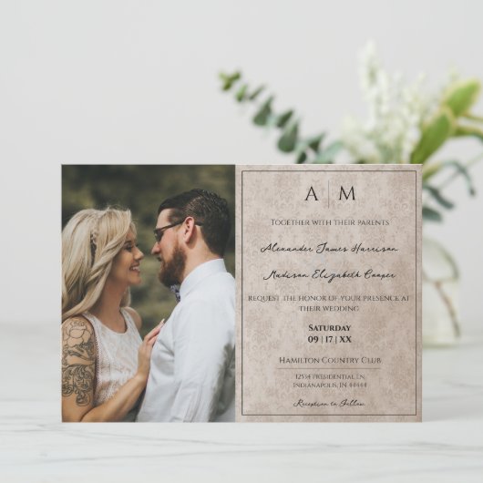 フォトベージュダマスクモノグラム結婚式招待状 招待状 (スタンド正面)