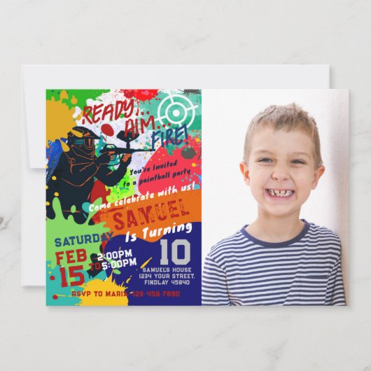 フォトペイントボール誕生日招待状ペイントボール 招待状 (正面)