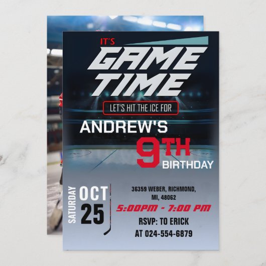 フォトホッケー誕生日付きパーソナル招待状 招待状 (正面/裏面)