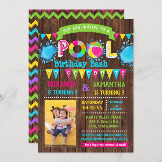 フォトホットピンクプール誕生日バッシュの組み合わせパーティー 招待状 (正面/裏面)
