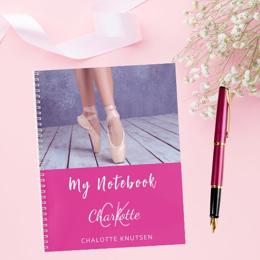 フォトホットピンク白モノグラム名 ノートブック