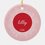 フォトホリデーオーナメントかわいい冬の葉ピンク セラミックオーナメント (裏面)