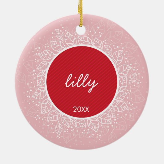 フォトホリデーオーナメントかわいい冬の葉ピンク セラミックオーナメント (裏面)