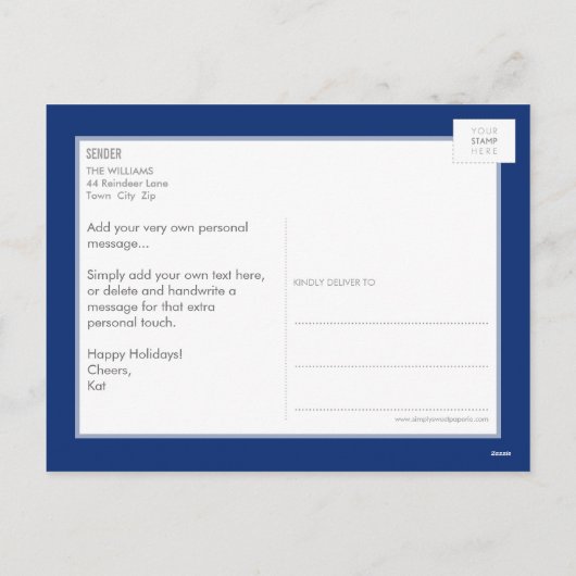 フォトホリデーカードグリッター式金ゴールドネイビーブルー シーズンポストカード (裏面)