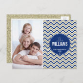 フォトホリデーカードシェブロングリッター淡い色の金ゴールドネイビー シーズンポストカード (正面/裏面)