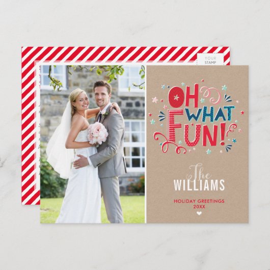 フォトホリデーカードフェスティバルタイポグラフィああ何おもしろい シーズンポストカード (正面/裏面)