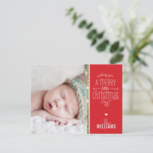 フォトホリデーカード赤ストライプ金ゴールドお洒落型 シーズンポストカード (スタンド正面)