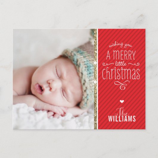 フォトホリデーカード赤ストライプ金ゴールドお洒落型 シーズンポストカード (正面)