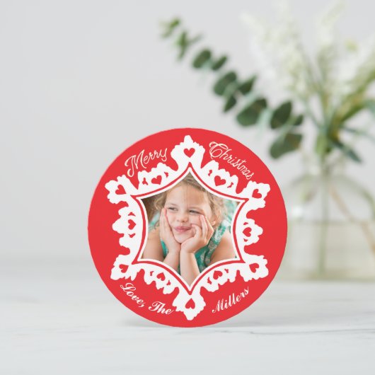 フォトホリデーカード：レッドメリークリスマススノーフレーク シーズンカード (スタンド正面)