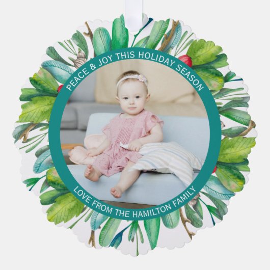 フォトホリデーリースパーソナライズされたクリスマス オーナメントカード (正面)