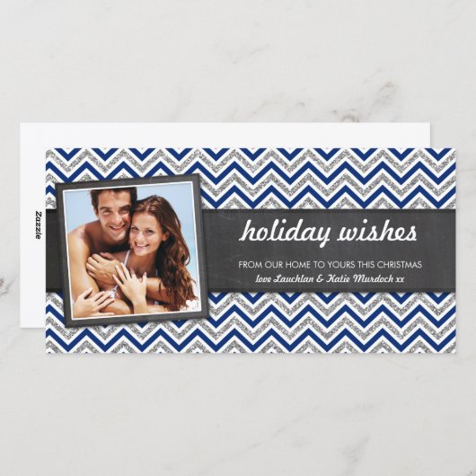 フォトホリデーレトロシェブロンシルバーグリッターネイビー シーズンカード (正面/裏面)