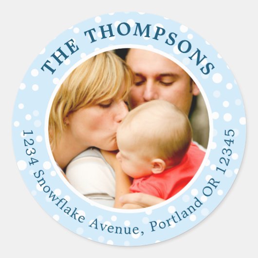 フォトホリデー差出人住所ラベルラウンドブルー ラウンドシール (正面)