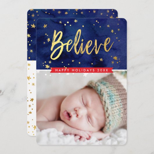 フォトホリデー金ゴールド信じ魔法のクリスマス シーズンカード (正面/裏面)