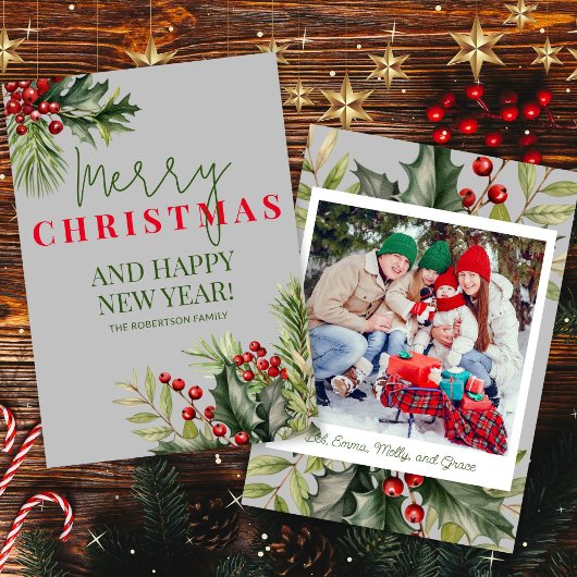 フォトホリーパインレッドベリーグレークリスマスカード 招待状