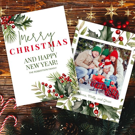 フォトホリーパインレッドベリーホワイトクリスマスカード 招待状