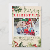 フォトホリーパインレッドベージュクリスマスカード 招待状 (正面)