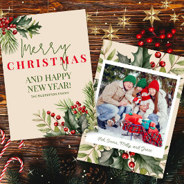 フォトホリーパインレッドベージュクリスマスカード 招待状