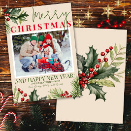 フォトホリーパインレッドベージュクリスマスカード 招待状