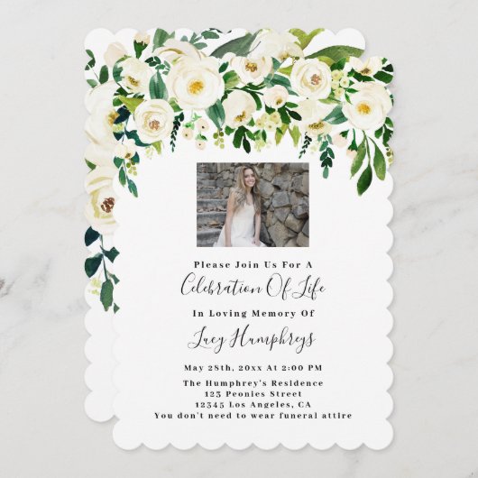 フォトホワイトウォーター色の花のお祝いの生活 招待状 (正面/裏面)