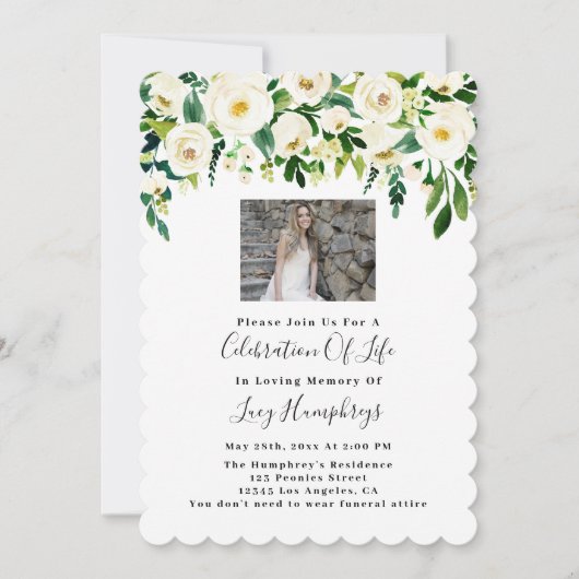 フォトホワイトウォーター色の花のお祝いの生活 招待状 (正面)