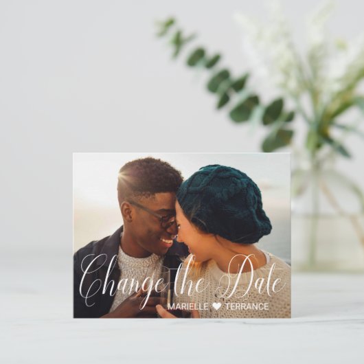 フォトホワイトスクリプトの日付の結婚変更 ポストカード (スタンド正面)