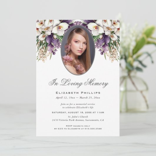 フォトホワイトパープルオーキッド葬儀追悼法会 招待状 (スタンド正面)