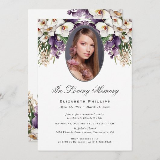 フォトホワイトパープルオーキッド葬儀追悼法会 招待状 (正面/裏面)