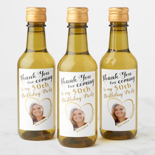 フォトホワイトブラック金ゴールドありがとう50誕生日 ワインラベル (ボトル)