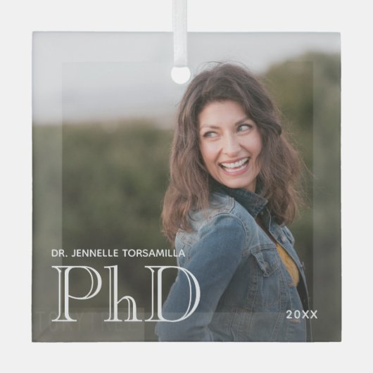 フォトホワイトワード博士課程の卒業 ガラスオーナメント (正面)