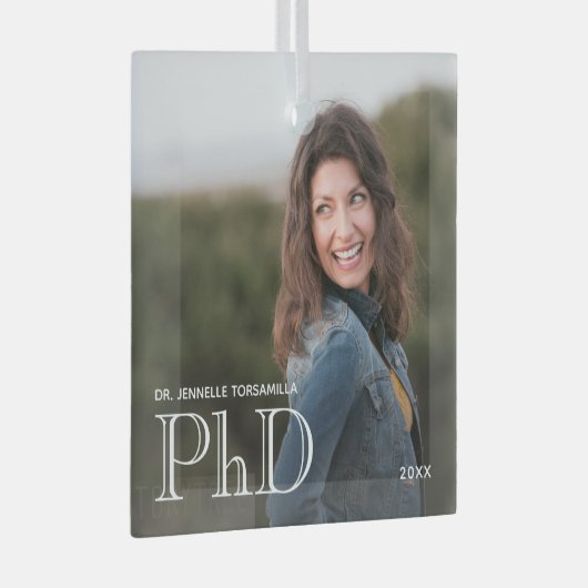 フォトホワイトワード博士課程の卒業 ガラスオーナメント (正面右)