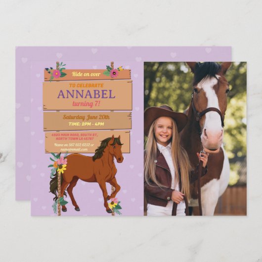 フォトホースライディングパーティー招待状ポニーパープル 招待状 (正面/裏面)