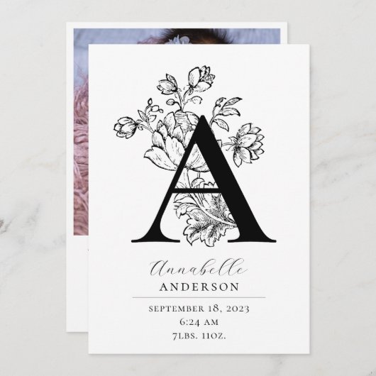 フォトボタニカルフローラモノグラムレターA誕生アン 案内状 (正面/裏面)