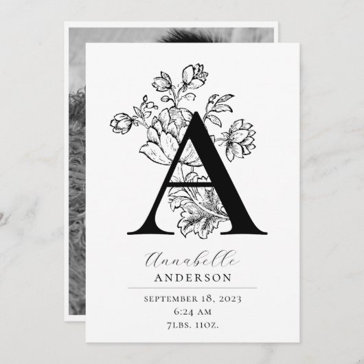 フォトボタニカルフローラモノグラムレターA誕生 案内状 (正面/裏面)