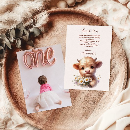 フォトボホーホーホーリーカウハイランド牛1歳の誕生日 サンキューカード