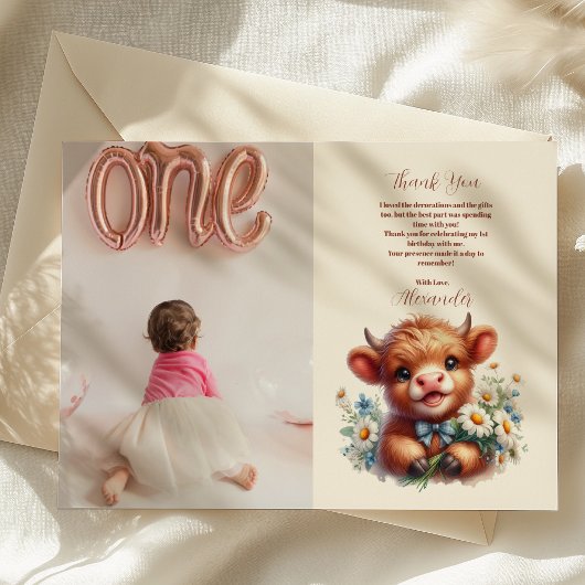 フォトボホーホーホーリーカウハイランド牛1歳の誕生日 サンキューカード