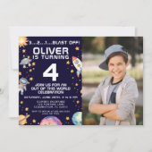 フォトボーイモダン宇宙ロケット船誕生日パーティー 招待状 (正面)