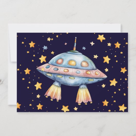 フォトボーイモダン宇宙ロケット船誕生日パーティー 招待状 (裏面)