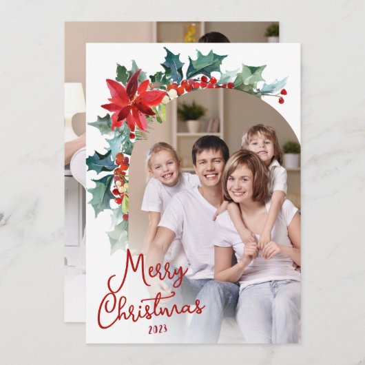 フォトポイエレガントンセチアフローラアーチクリスマス シーズンカード (正面/裏面)