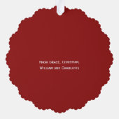 フォトポインセチアリースパーソナライズされたクリスマス オーナメントカード (裏面)