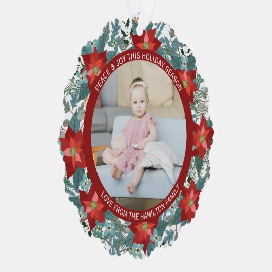 フォトポインセチアリースパーソナライズされたクリスマス オーナメントカード (右)