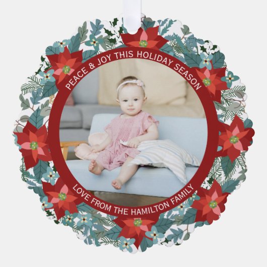 フォトポインセチアリースパーソナライズされたクリスマス オーナメントカード (正面)