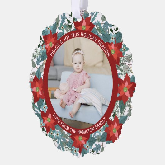 フォトポインセチアリースパーソナライズされたクリスマス オーナメントカード (左)