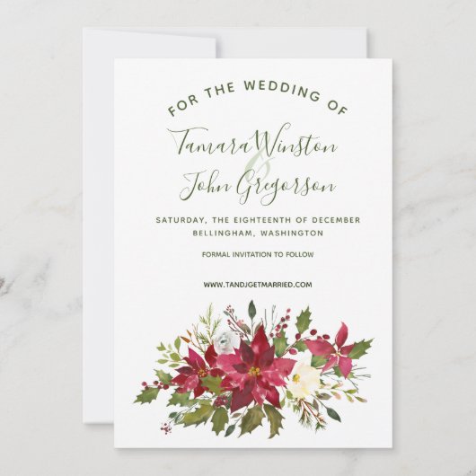 フォトポインセチア緑のクリスマスは日付を保存 招待状 (裏面)