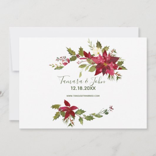 フォトポインセチア緑のクリスマスは日付を保存 招待状 (裏面)