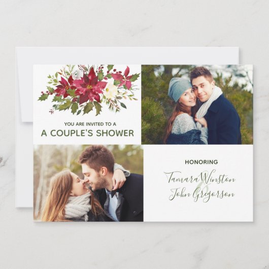 フォトポインセチア緑のクリスマスカップルのシャワー 招待状 (正面)