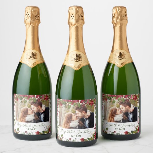 フォトポインセティシアクリスマスフローラグリーナリーシャンパ スパークリングワインラベル (ボトル)