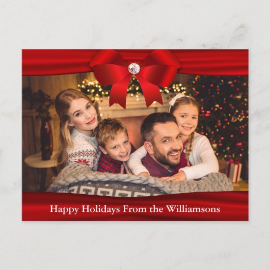 フォトポストカードレッドリボンダイヤモンドハッピーホリデー ポストカード (正面)