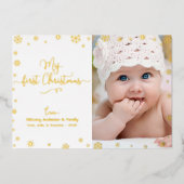 フォトマイ初めてのクリスマスベビー雪実在片金ゴールド 箔シーズンカード (正面)