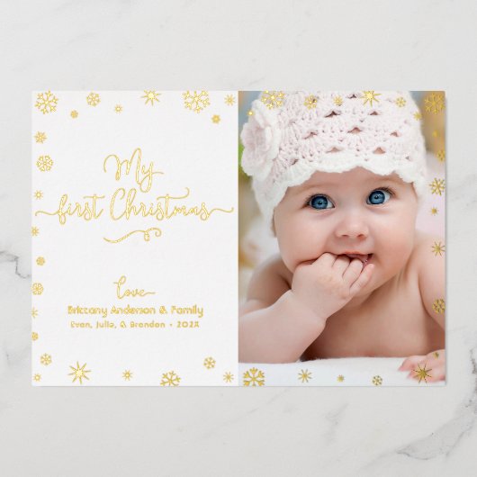 フォトマイ初めてのクリスマスベビー雪実在片金ゴールド 箔シーズンカード (正面)