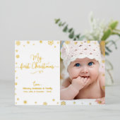 フォトマイ初めてのクリスマスベビー雪実在片金ゴールド 箔シーズンカード (立ち正面)
